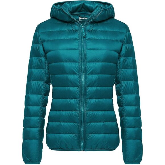 Tops - Women's Teal Blue Short Down Hooded Puffer Jacket Coat Fabric Packable Ultra